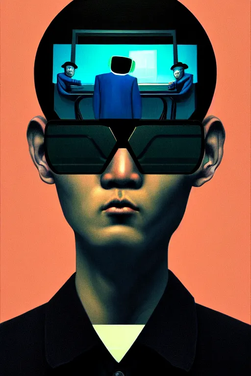 Image similar to north korean hacker wearing oculus and digital glitch head edward hopper and james gilleard zdzislaw beksisnski higly detailed