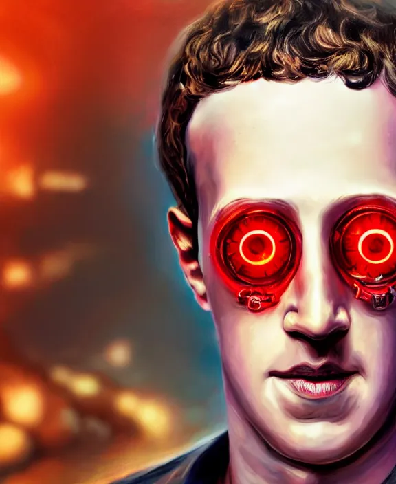 Image similar to Mark Zuckerberg with a glowing red steampunk eye implant by Steohan Martiniere and Moebius, 4k resolution, detailed