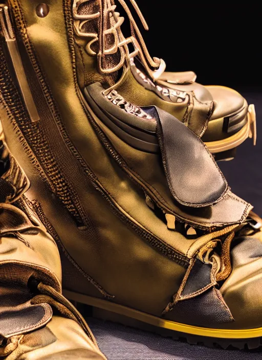 Image similar to hyperrealistic and heavy detailed product photo bape avant garde boots of movie the fifth element, in front of white back drop, whole shoe is in picture, leica sl 2 5 0 mm, vivid color, high quality, high textured, real life