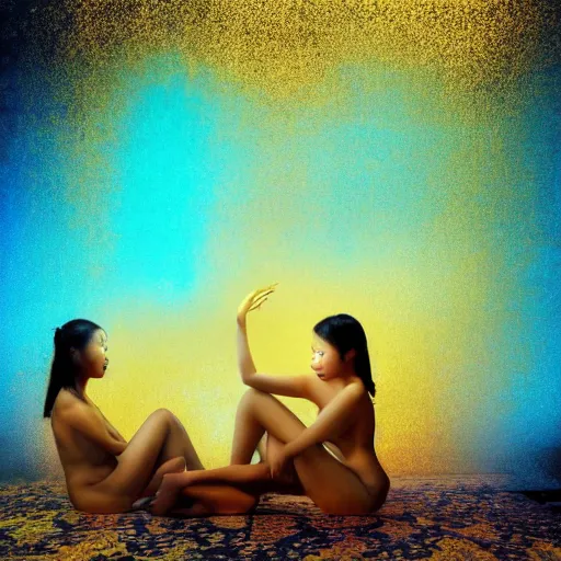 Image similar to two asian girls sleeping, liquid golden and black fluid, magic hour, dramatic light, liquid painting, golden bodypaint, yellow and blue lightning, world best photography, indian patterns, bokeh, golden jewelry filigree, body detaily, ornaments, fresco by michaelangelo, golden rays, god rays, epic cinematic wallpaper, cold color palette, cold colors, sad mood