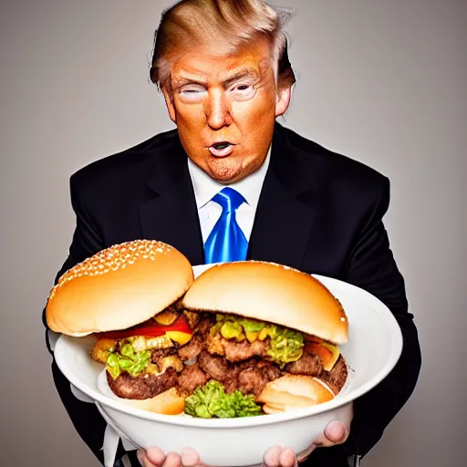 Image similar to donald trump eating an entire bowl filled with burgers, studio portrait photo, studio lighting, key light, food photography