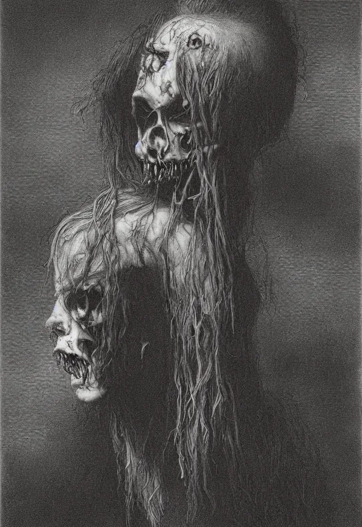 Image similar to profile portrait of a zombie, creepy atmosphere, dark, portrait, very realistic, illustration by gustave dore