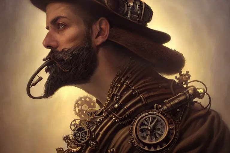 Prompt: portrait of a steampunk bearded king, grim - lighting, high - contrast, intricate, elegant, highly detailed, centered, digital painting, artstation, concept art, smooth, sharp focus, illustration, artgerm, tomasz alen kopera, peter mohrbacher, donato giancola, joseph christian leyendecker, wlop, boris vallejo