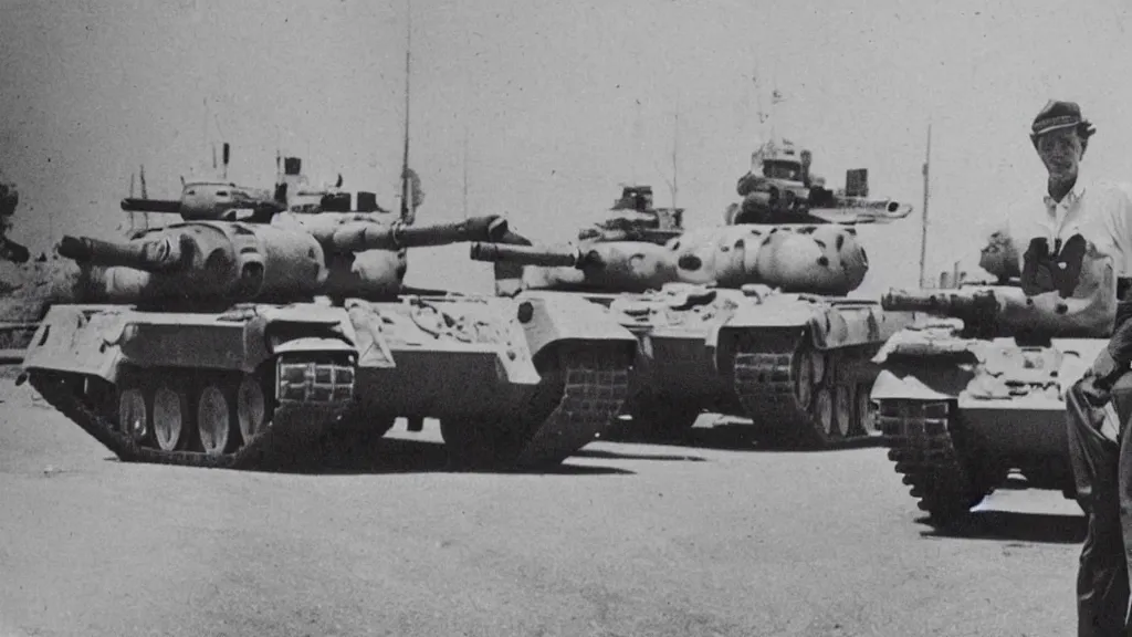 Image similar to old historic photograph of a person in white shirt, white holding grocery bags, standing on the road in front of four battle tanks approaching him