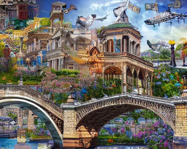 Image similar to detailed bridge with unexpected maximalist elements. 8x HD mixed media 3D collage in the style of an hyperdetailed childbook illustration in soft natural tones. matte background no frame HD