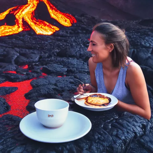 Prompt: a DSLR of a woman having breakfast next to a river of Lava, 4K