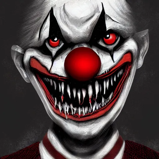 Image similar to a killer clown with sharp fangs and scars, hyper-detailed digital painting