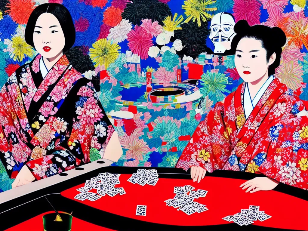 Image similar to hyperrealistic composition of the detailed single woman in a japanese kimono sitting at a extremely detailed poker table with hyperdetailed darth vader, fireworks, mountain fuji on the background, pop - art style, jacky tsai style, andy warhol style, acrylic on canvas