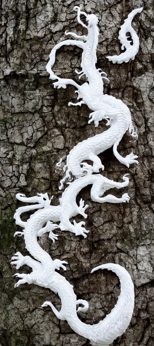 Image similar to a beautiful white dragon twisted around an ancient tree, intricate, maximalist, bright, clear,