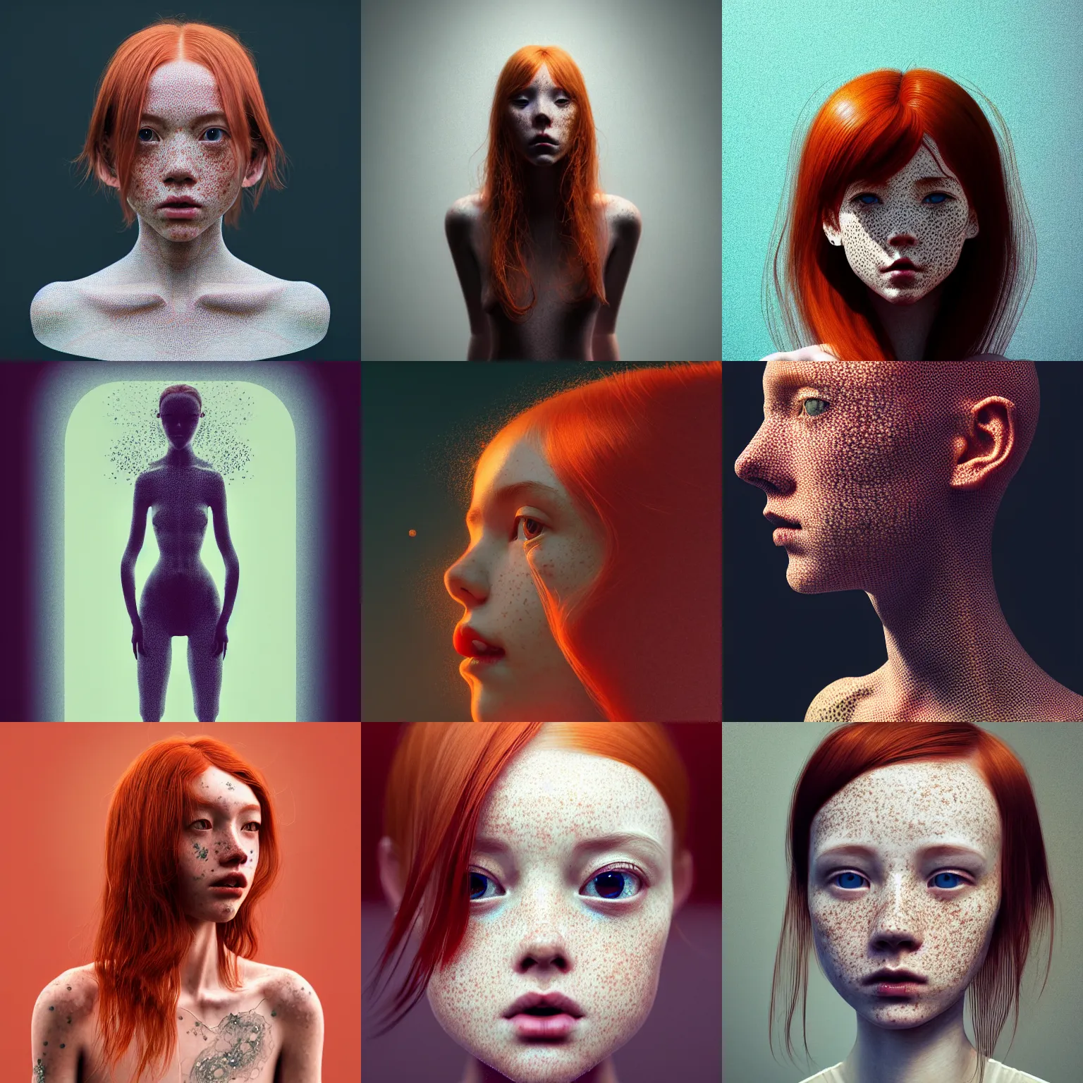 Prompt: full body photo of a redheaded petite girl with freckles. intricate abstract. intricate artwork, by Tooth Wu, wlop, beeple, dan mumfor, greg rutkowski, trending on artstation, very coherent symmetrical artwork, perfect face, 135 mm, cinematic, hyper realism, high detail, octane render, 8k, chrome accents