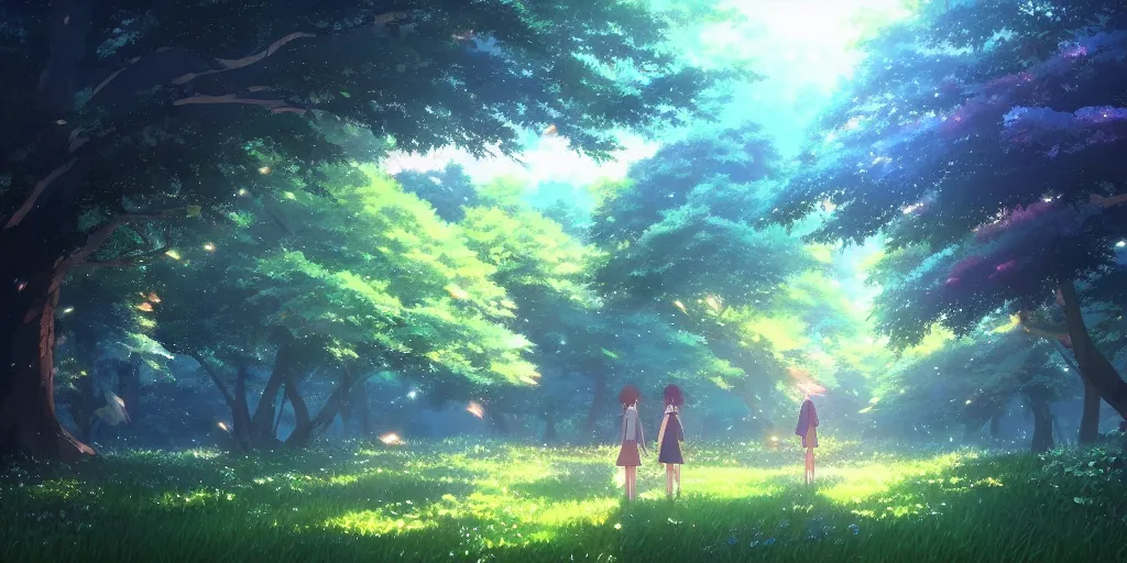 Image similar to beautiful anime painting of a magical forest, daytime, by makoto shinkai, kimi no na wa, studio ghibli, artstation, atmospheric.