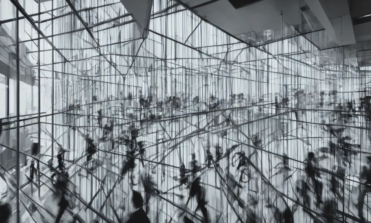 Prompt: inside of big modern designer's office, full of busy office people in motion, motion blur, long exposure, architecture, window, concrete, steel, glass, ground level camera view, 35 mm