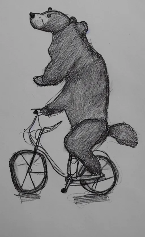 Image similar to sketch drawing of a bear riding a bicycle