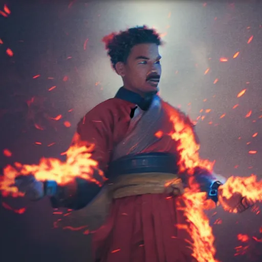 Image similar to cinematic film still of Chance The Rapper starring as a Samurai holding fire, Japanese CGI, VFX, 2022, 40mm lens, shallow depth of field, film photography