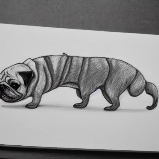 Image similar to sketchbook pencil drawing of a pug centipede, photo