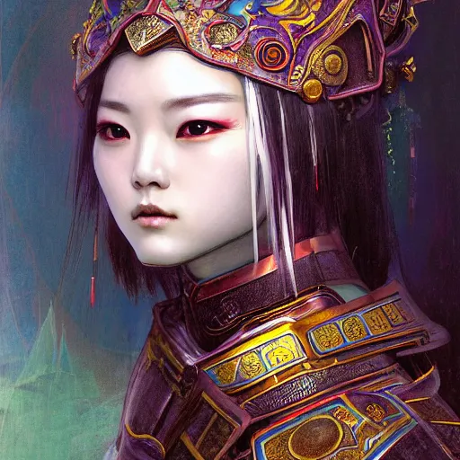 Image similar to beautiful and divine and holy and elite and colorlpunk three kingdom chinese female armor knight portrait like twice tzuyu+shinnyy eyes+front face with light flowing hair, ultradetail face, art and illustration by tian zi and craig mullins and WLOP and alphonse mucha, fantasy, intricate complexity, human structure, human anatomy, fantasy character concept, watermark, blurry, hyperrealism 8k