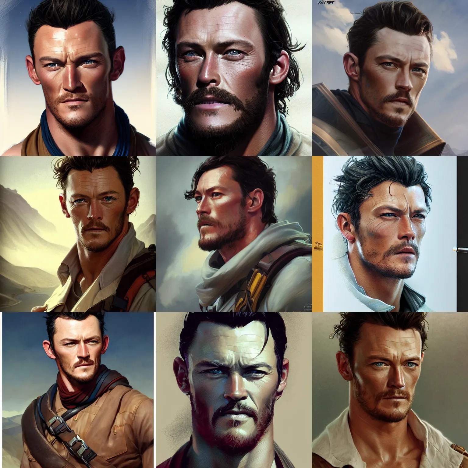 Prompt: male explorer, luke evans, portrait, highly detailed, digital painting, artstation, concept art, sharp focus, illustration, art by artgerm and greg rutkowski and alphonse mucha