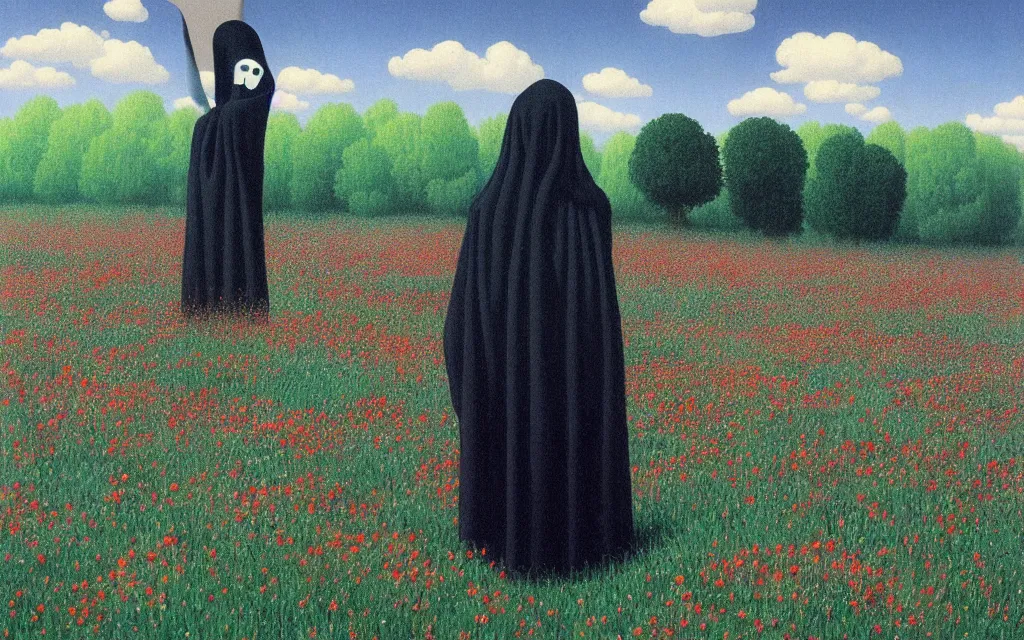 Image similar to grim reaper with no face, holding justice scale, looking at you in distance in beautiful meadow of flowers, detailed painting by rene magritte