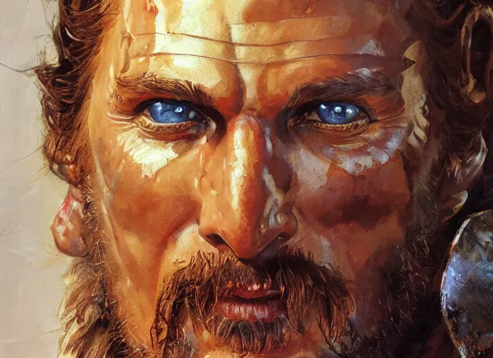 Image similar to a highly detailed beautiful portrait of matthew mcconaughey as kratos, by gregory manchess, james gurney, james jean