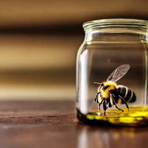 Prompt: a photo of a bee in an empty glass jar on a table - n 5