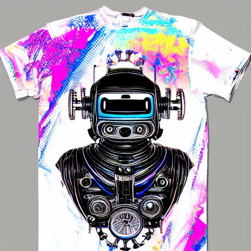 Image similar to mockup of a black tshirt with a hyperdetailed portrait of a steampunk robot by hajime sorayama, 8 k, symetrical, flourescent colors, happy trippy mood, multicolored,