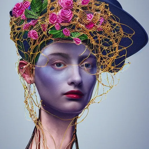 Image similar to a beautiful portrait with a hat made by rosegold wire designed by balenciaga and inspired by egon schiele style,some wires and flowers around the head,navy blue flowers and wires made by rose gold,cinematic lighting,cinematic composition,highly detailed,inspired by baroque jewelry ,hyper realistic,