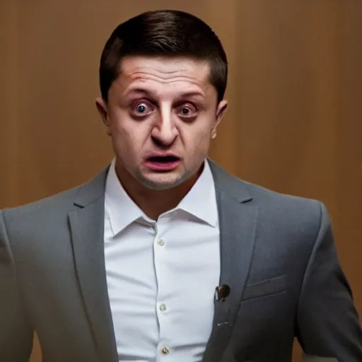 Image similar to Volodymyr Zelenskiy as The American Psycho, sweating profusely, staring intensely