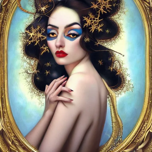 Prompt: dynamic composition, a painting of woman with hair of ( snowflakes )!! and ( vines in winter )! wearing ornate earrings, ornate gilded details, a surrealist painting by tom bagshaw and jacek yerga and tamara de lempicka and jesse king, featured on cgsociety, pop surrealism, surrealist, dramatic lighting, wiccan, pre - raphaelite