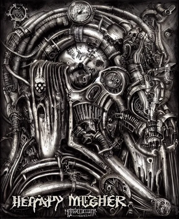 Prompt: a steampunk heavy metal album cover by hr giger