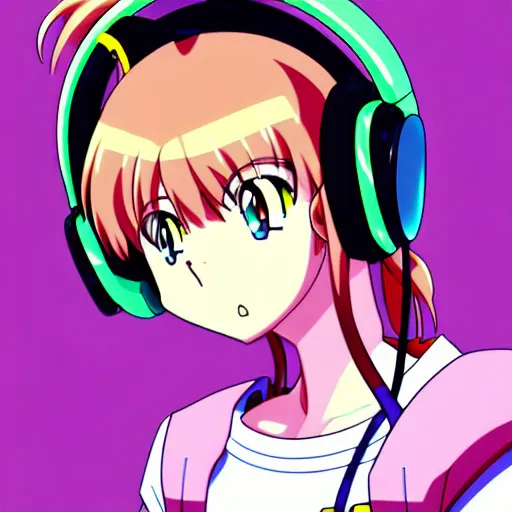 Image similar to An anime character's head wearing retro headphones. 90s anime, Sailor Moon, Neon Genesis, official art, flat cell shading, fantastic screenshot art, trending on artstation, muted nostalgic colors