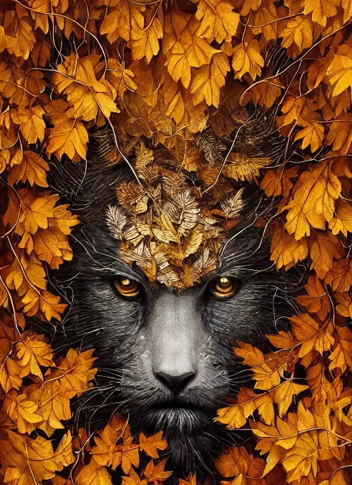 Image similar to golden leaves at frame border, creative!!! composition for a book cover, absurdly beautiful, ultrafine hyperrealistic detailed animal face by wlop and artgerm and greg rutkowski, intricate linework, sharp focus, smooth, plain background, unreal engine, dramatic lighting, ethereal, 8 k