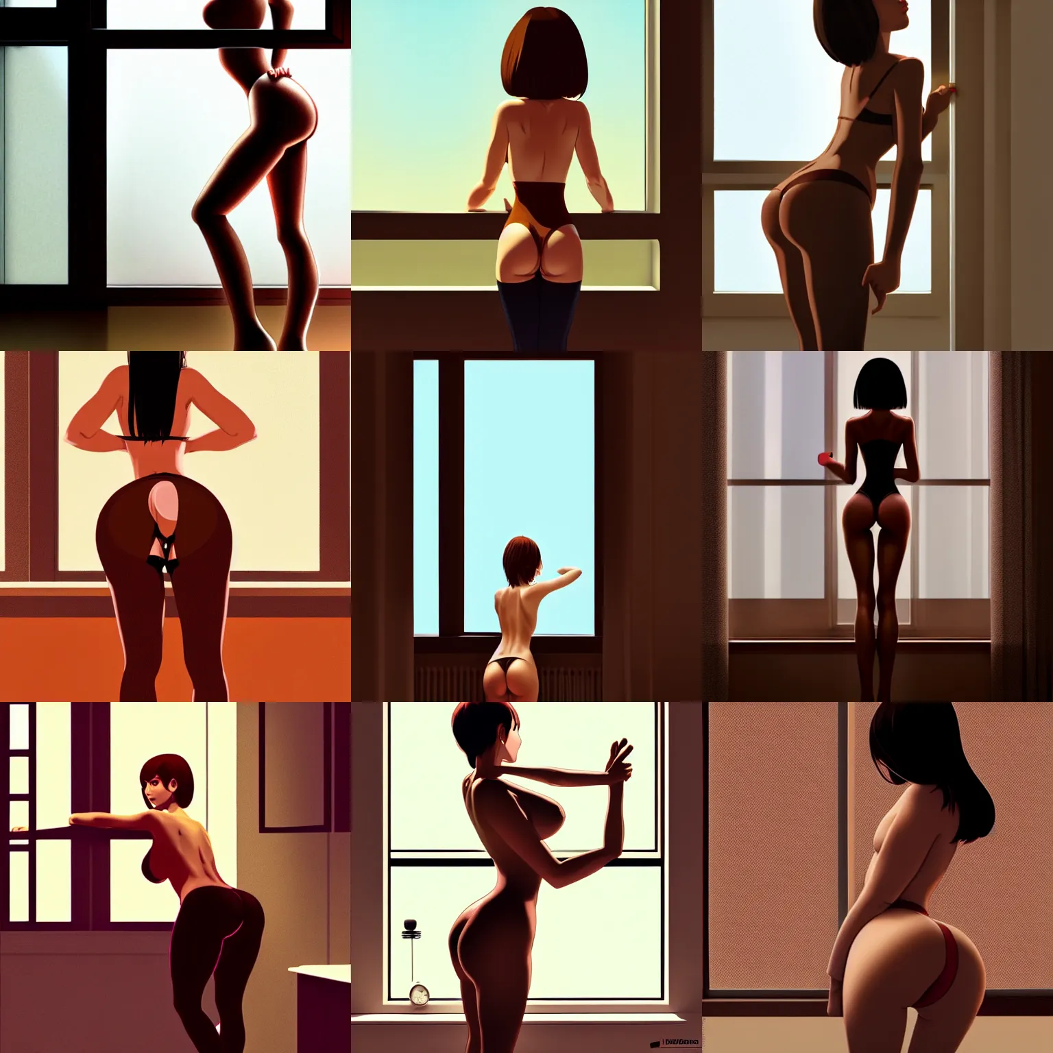 Prompt: woman wearing a brown blous and bending over, standing by the window, in the style of ilya kuvshinov sexy