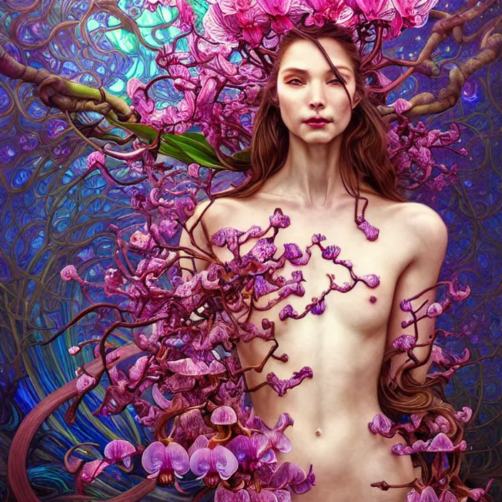 Prompt: extremely psychedelic organic cyborg made of orchid and cherry blossom tree and mushroom, diffuse lighting, fantasy, intricate, elegant, highly detailed, lifelike, photorealistic, digital painting, artstation, illustration, concept art, smooth, sharp focus, art by John Collier and Albert Aublet and Krenz Cushart and Artem Demura and Alphonse Mucha