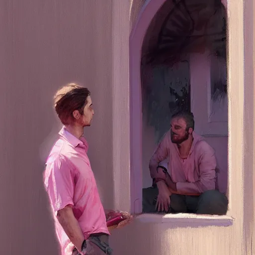 Prompt: concept art, young man in pink shirt standing near french windows, by james gurney, greg rutkowski, john howe, artstation