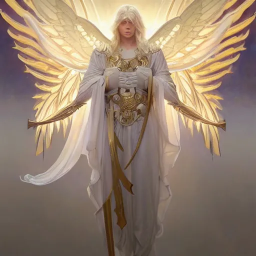 Prompt: the pale blond male angel of battle lucius wearing a white periwinkle, sci fi, glowing eyes, volumetric lights, gold theme, art nouveau botanicals, intricate, highly detailed, digital painting, artstation, concept art, smooth, sharp focus, cinematic, illustration, beautiful face, art by artgerm and greg rutkowski and alphonse mucha