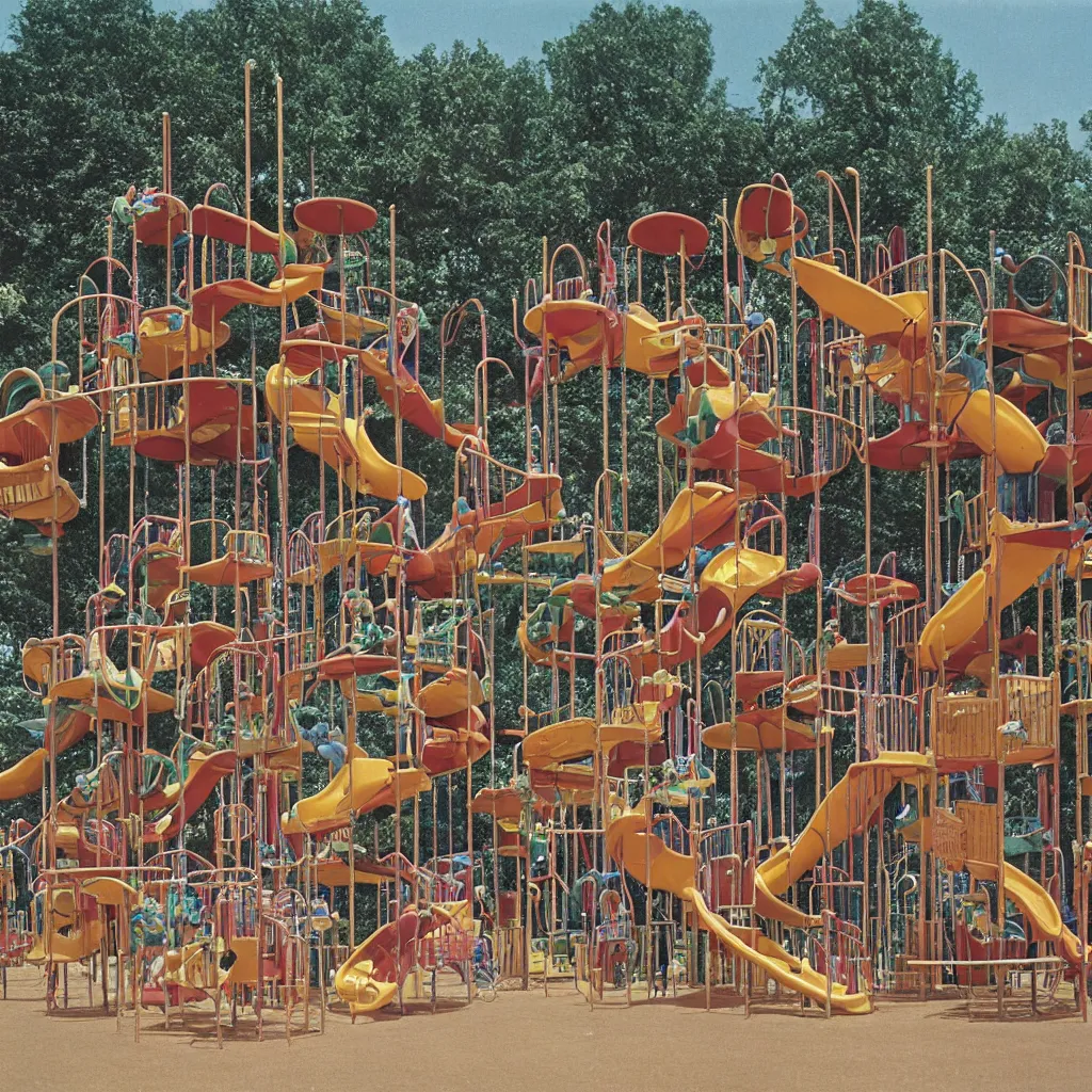 Image similar to full - color 1 9 7 0 s photo of a vast incredibly - large complex very - dense tall many - level playground in a crowded schoolyard. the playground is made of wooden planks, rubber tires, metal bars, and ropes. it has many spiral staircases, high bridges, ramps, balance beams, and metal tunnel - slides.