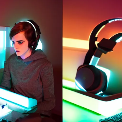 Image similar to model emma watson rgb keyboard wearing a gaming headset wearing hoodie sitting on gaming chair dramatic lighting from monitor light from gaming monitor in gaming room holding gaming controller award winning photo