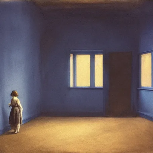 Image similar to close up of a girl in a blue and gold haunted liminal abandoned room, watercolor by hammershøi, art noveau, highly detailed, lights by edward hopper, liminal, eerie, bright pastel colors