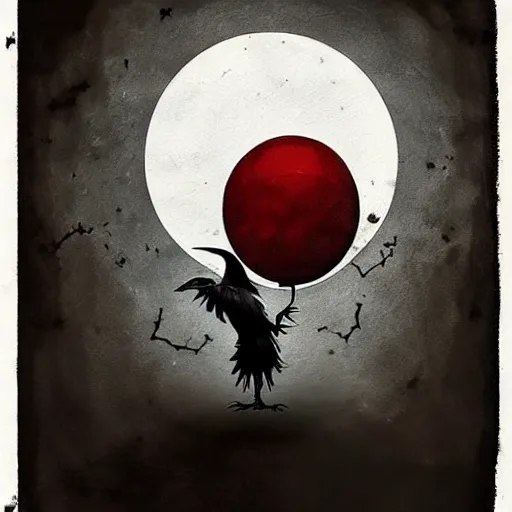 Image similar to grunge painting of a raven with a wide smile and a red balloon by tim burton, loony toons style, pennywise style, corpse bride style, rick and morty style, creepy lighting, horror theme, detailed, elegant, intricate, conceptual, volumetric light