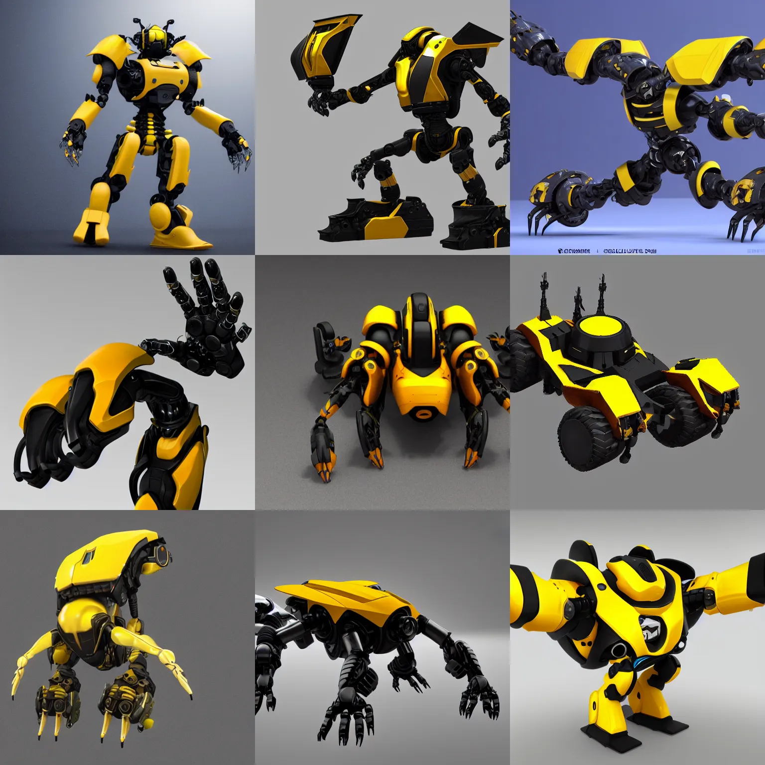 Prompt: hard surface, robotic platform, based on bumblebee, 6 claws