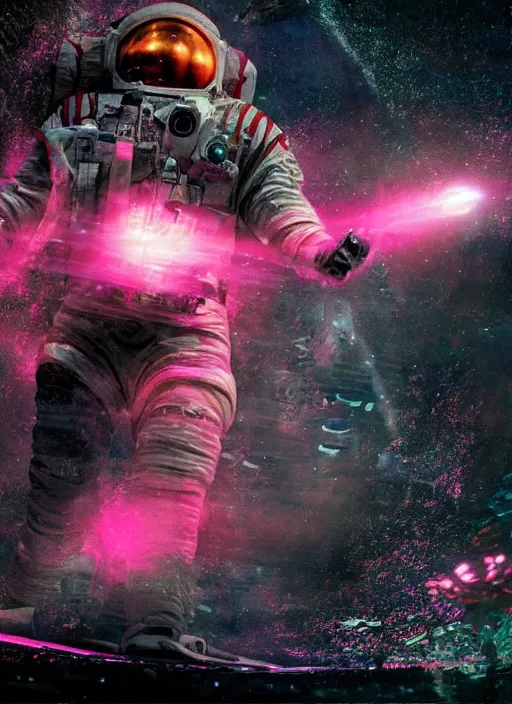 Prompt: complex poster art by craig mullins astronaut in futuristic pink and empty spaceship underwater. infrared glowing lights. complex and hyperdetailed technical suit. reflection and dispersion materials. rays and dispersion of light. volumetric light. 5 0 mm, f / 3 2. noise film photo. flash photography. unreal engine 4, octane render. interstellar movie poster