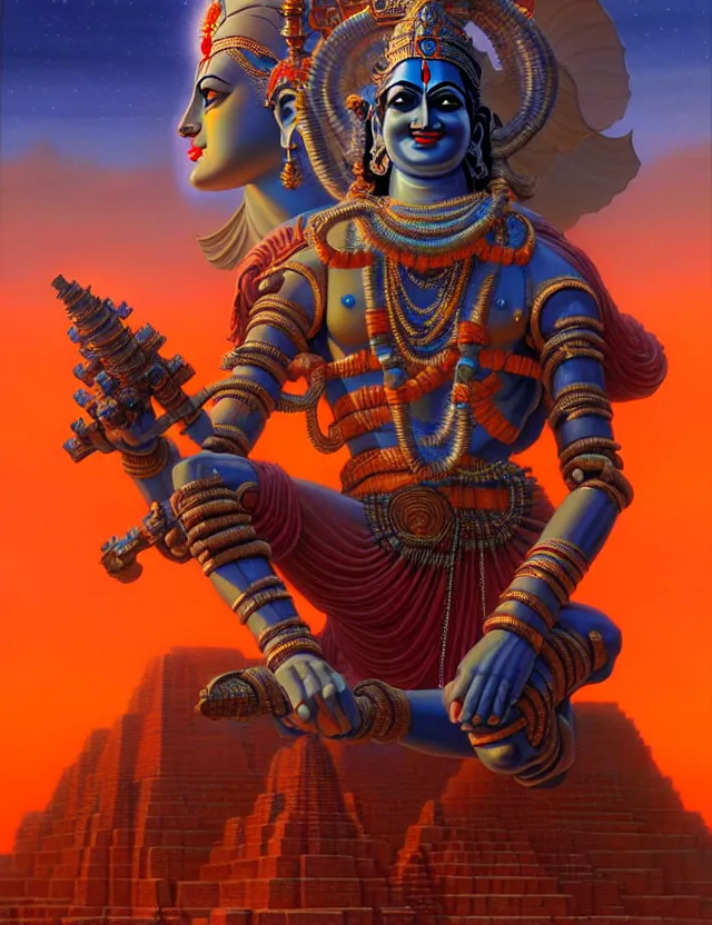 Prompt: a giant statue of krishna mecha, tim hildebrandt, wayne barlowe, bruce pennington, donato giancola, trending on artstation, cinematic composition, beautiful lighting, hyper detailed, 8 k, oil on canvas