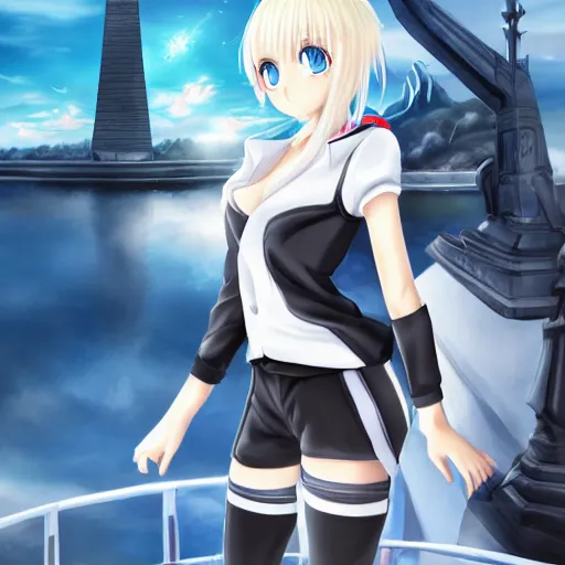 Image similar to aristocratic platinum - blonde - haired hime - cut blue - eyed princess wearing white leggings and black jacket, standing next to communist monument, anime, hd anime wallpaper, drawn by artgerm