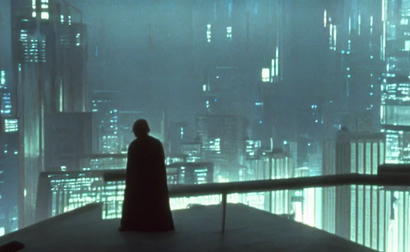 Prompt: iconic wide cinematic screen shot of luke skywalker standing atop a skyscraper in coruscant, from the thrilling scene from the 1 9 8 0 s sci fi film directed by stanley kubrick, glowing lasers, foggy volumetric lighting, kodak film stock, anamorphic lenses 2 4 mm, lens flare, award winning