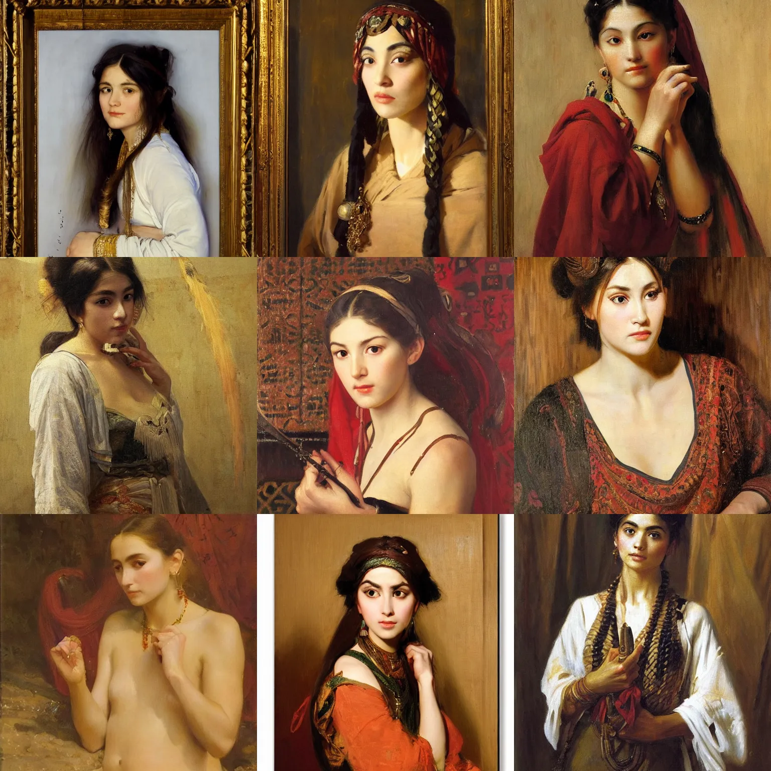 Prompt: orientalism painting of a pretty young woman with a concerned look brows creased by theodore ralli and nasreddine dinet and anders zorn and edwin longsden long, bronze age, sword and sorcery, oil on canvas, masterful intricate artwork, excellent lighting, high detail 8 k
