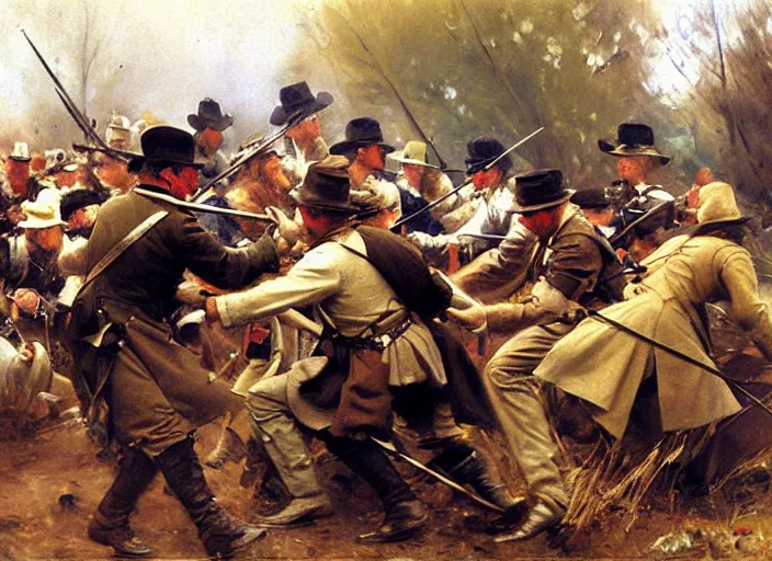 Image similar to anders zorn oil painting of instruction of american civil war battle scene, interpersonal, intimate