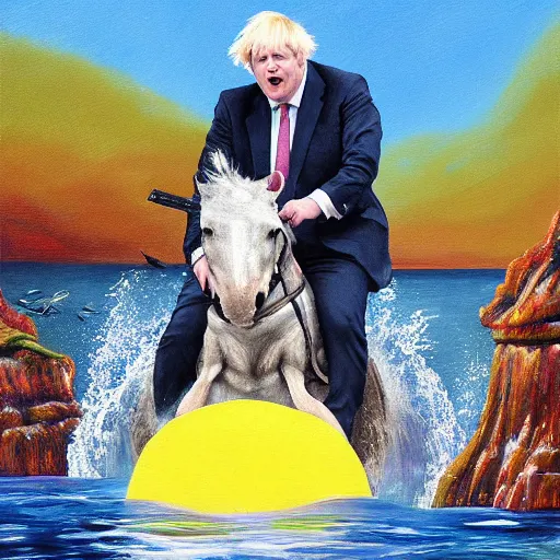 Prompt: boris johnson riding a dolphin, painting