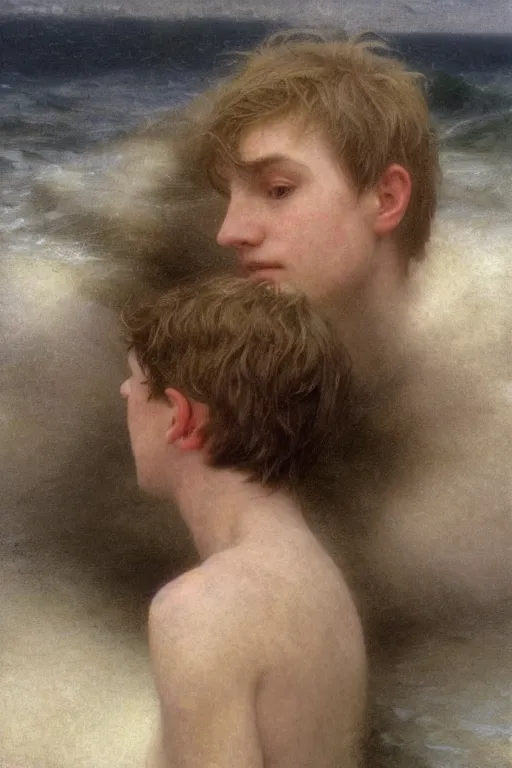 Prompt: close up portrait of a young irish adolescent man with flushed skin swimming in the cold sea at dawn, soft light, eerie serene photograph by annie leibowitz, 2 0 1 9, thomas kinkade, bouguereau