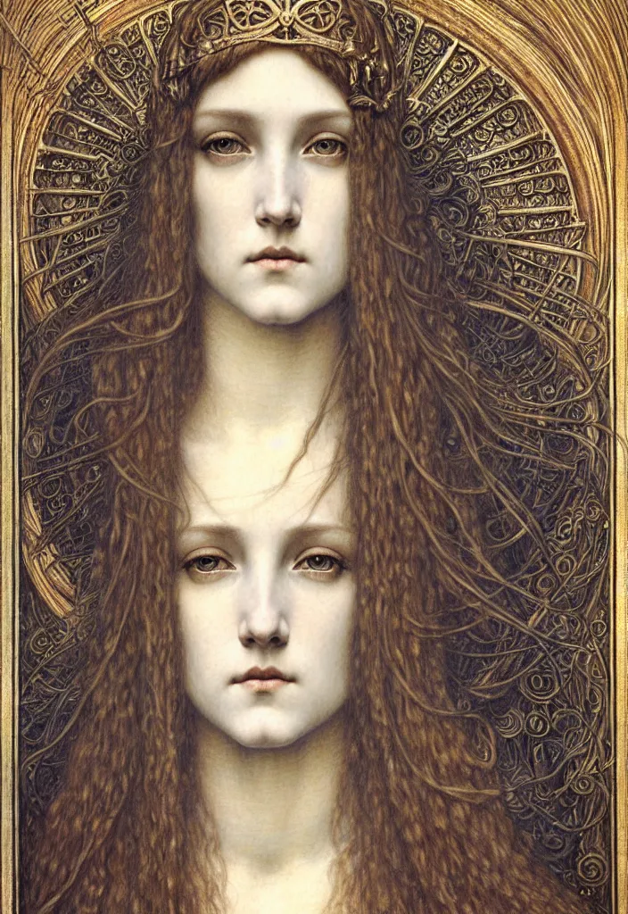 Image similar to detailed realistic beautiful young medieval queen face portrait by jean delville, gustave dore and marco mazzoni, art nouveau, symbolist, visionary, gothic, pre - raphaelite. horizontal symmetry