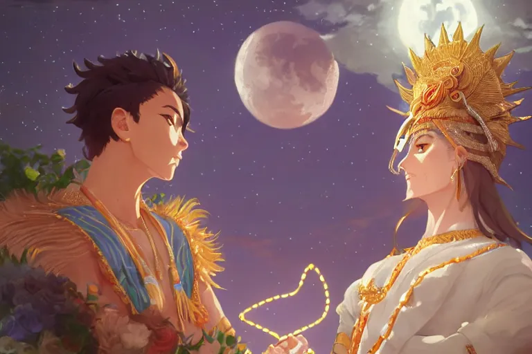 Image similar to close up moment of a divine a sun god and a moon goddess lovers magician at a wedding banquet, highly detailed, d & d, fantasy, 4 k realistic, digital painting, trending on artstation, concept art, sharp focus, illustration, art by makoto shinkai and akihiko yoshida and daniel gerhartz